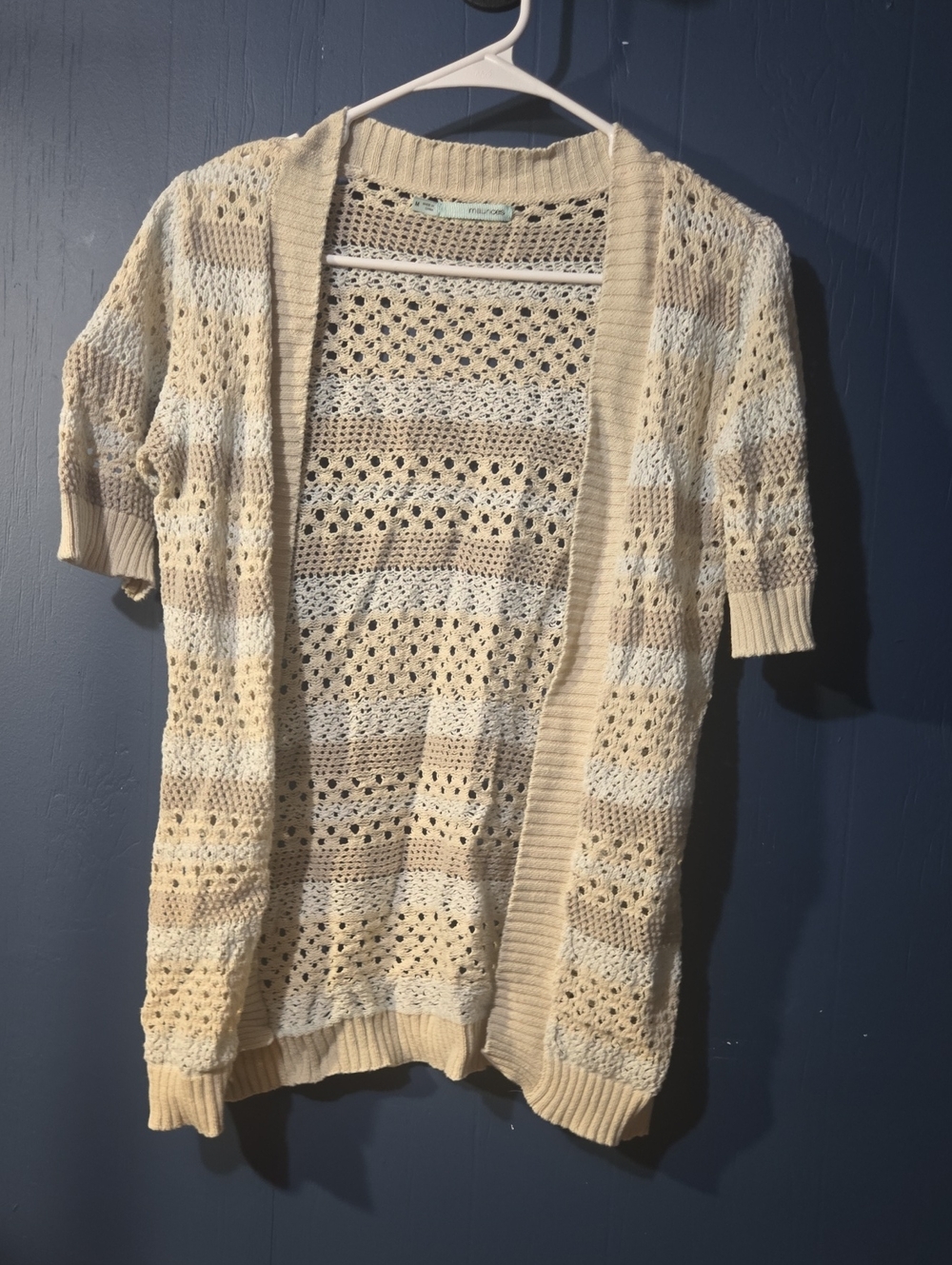 Maurices Open-Knit Short Sleeve Cardigan in Cream and Beige Stripes